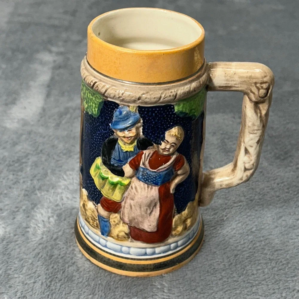 Vintage Crown Japan Ceramic Beer Stein Bavarian Dancing Couple Alpine Scene 6.5